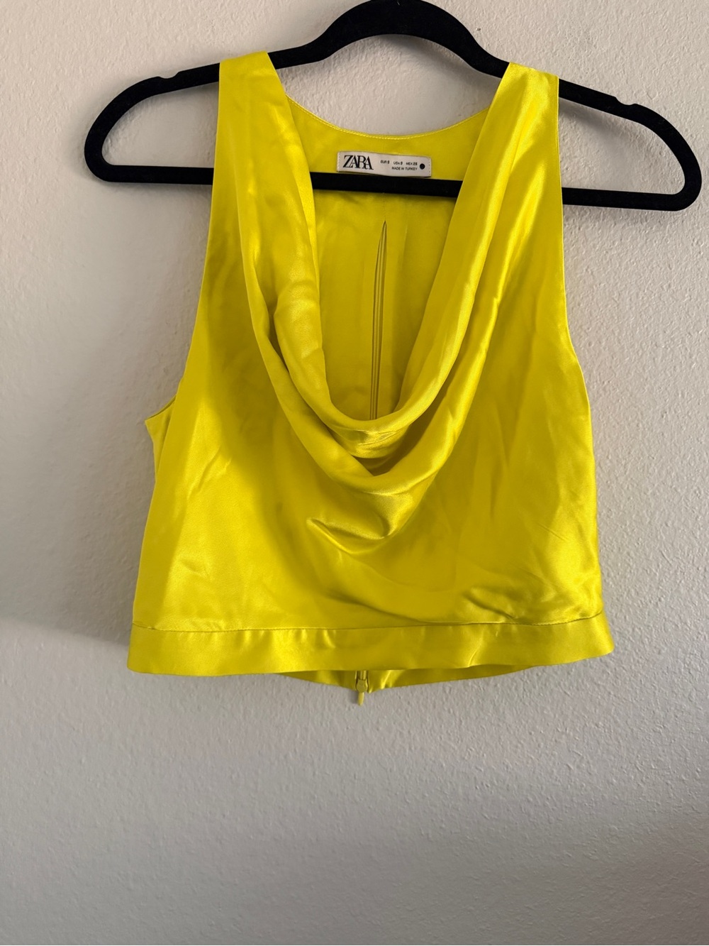 Zara Neon Yellow Satin Drape Crop Camisole festival glam